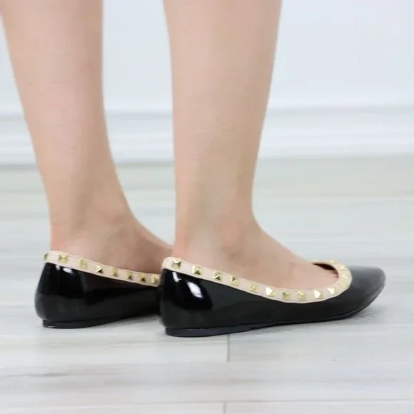 Black Patent Pointed Toe Slip On Flat Shoes Metal Gold Studs - Picture 8 of 11